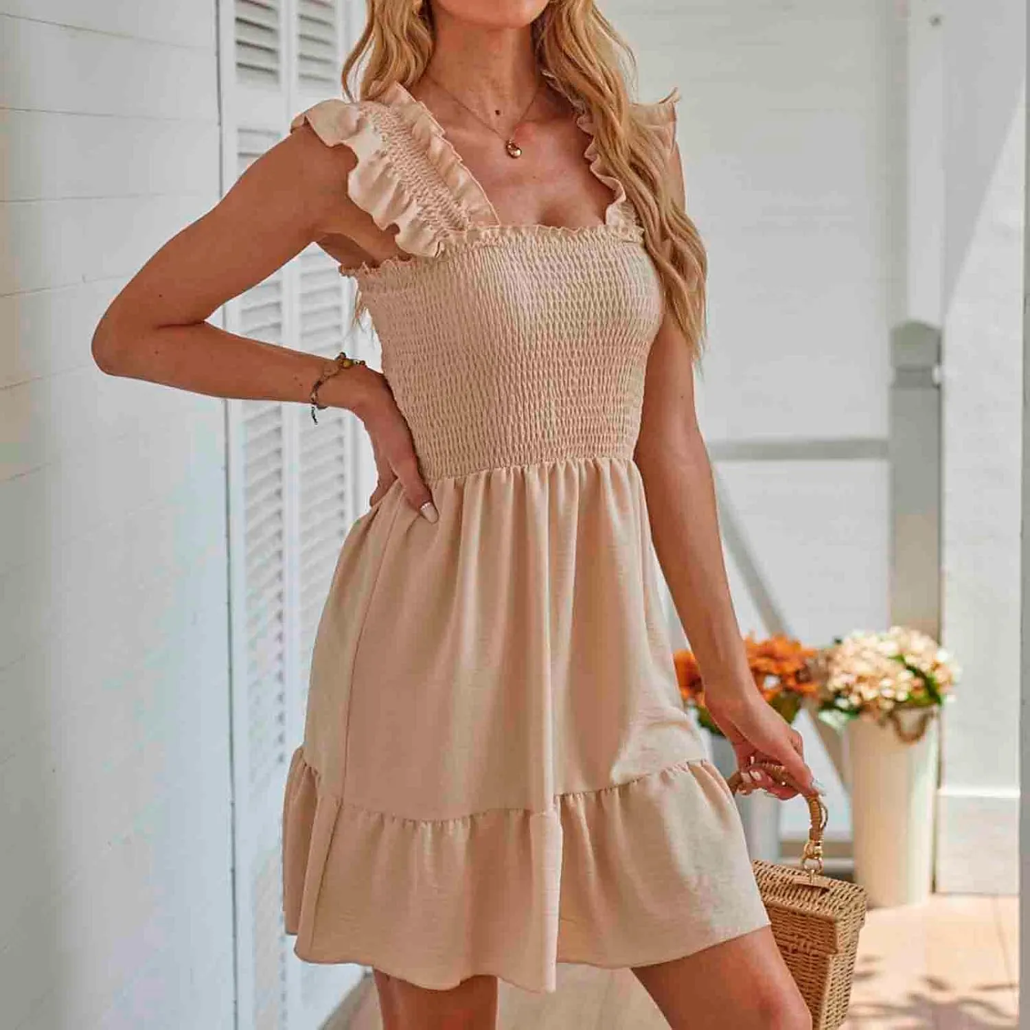 TUNUSKAT Womens Summer Casual Sleeveless Dresses Square Neck Smocked Ruffle Mini Dress 2024 Trendy Boho Beach Short Sundress