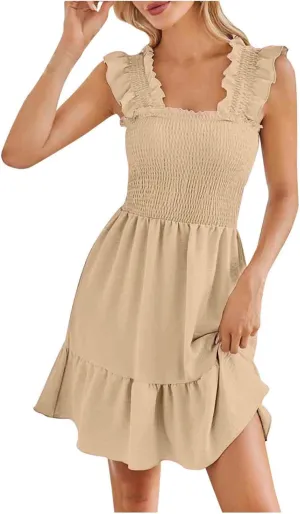 TUNUSKAT Womens Summer Casual Sleeveless Dresses Square Neck Smocked Ruffle Mini Dress 2024 Trendy Boho Beach Short Sundress