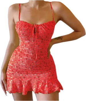 Vacation Dresses for Women 2025 Mini Dress Ruffled Beach Vacation Clothes Sundress Floral Spaghetti Strap Casual Summer