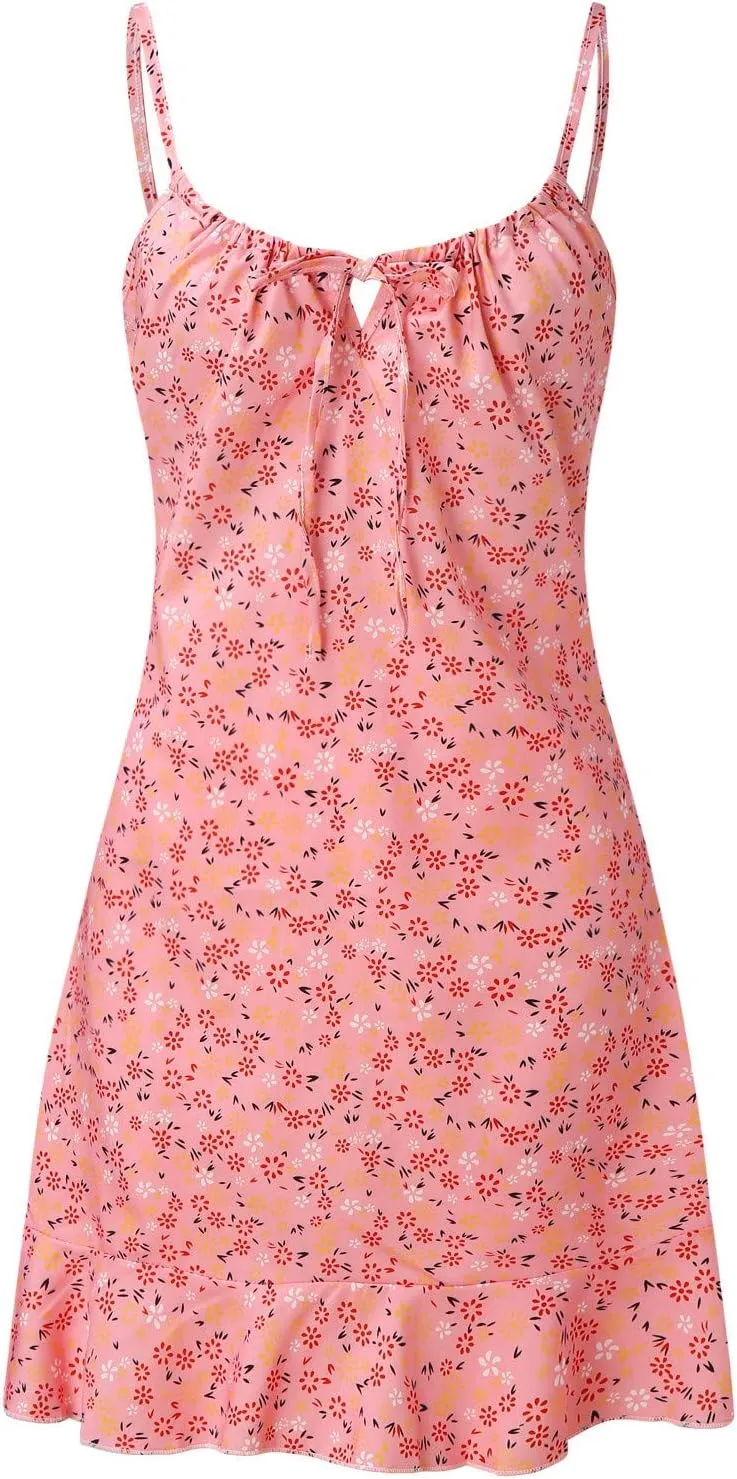 Vacation Dresses for Women 2025 Mini Dress Ruffled Beach Vacation Clothes Sundress Floral Spaghetti Strap Casual Summer