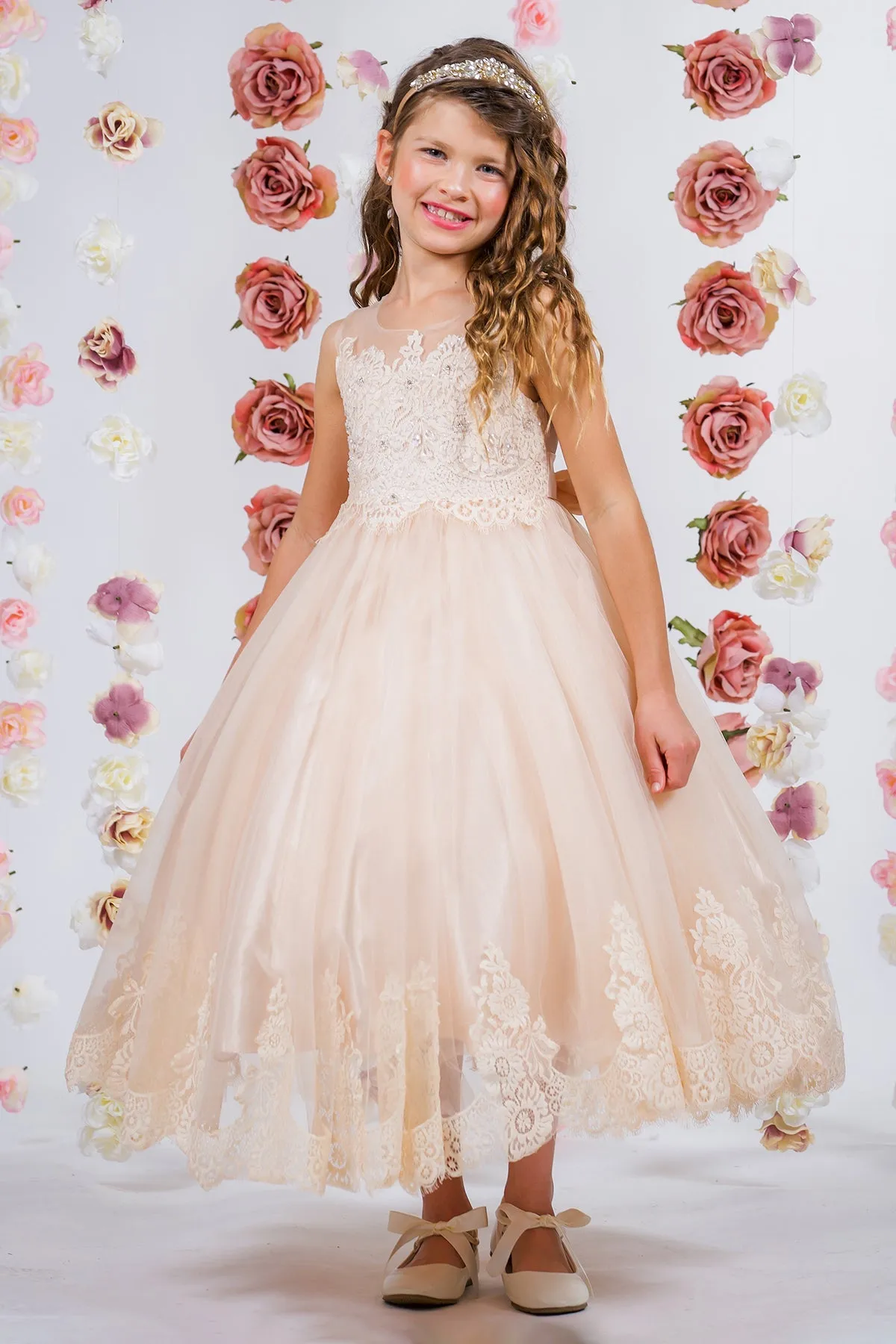 Vintage Rose Lace Appliqué Illusion Bateau Girls Dress with Plus Sizes