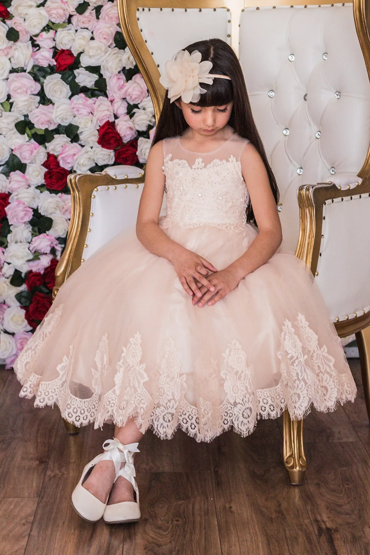 Vintage Rose Lace Appliqué Illusion Bateau Girls Dress with Plus Sizes