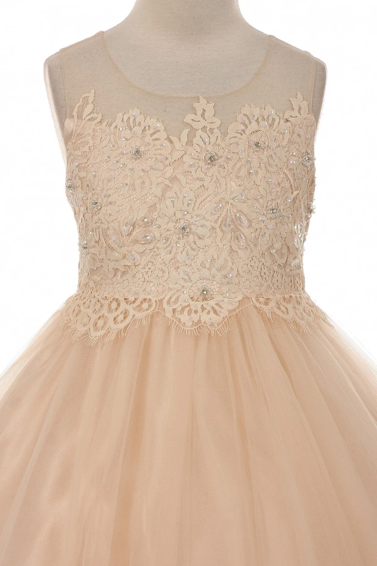 Vintage Rose Lace Appliqué Illusion Bateau Girls Dress with Plus Sizes