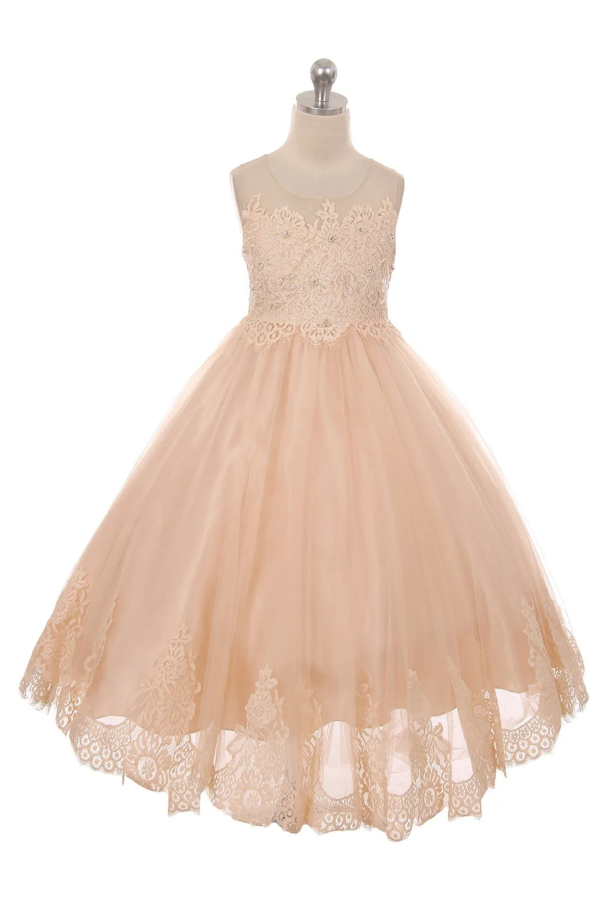 Vintage Rose Lace Appliqué Illusion Bateau Girls Dress with Plus Sizes