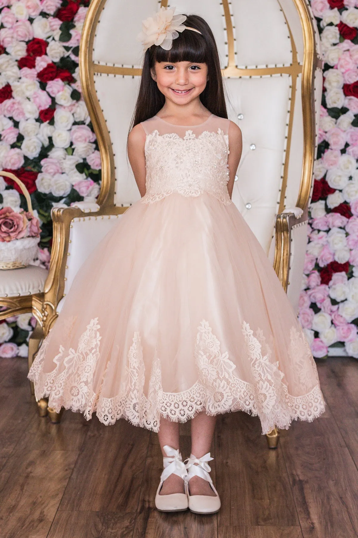 Vintage Rose Lace Appliqué Illusion Bateau Girls Dress with Plus Sizes