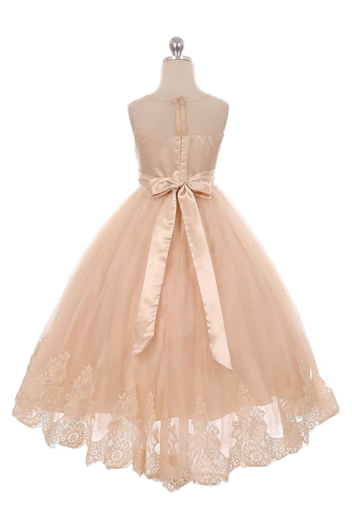Vintage Rose Lace Appliqué Illusion Bateau Girls Dress with Plus Sizes