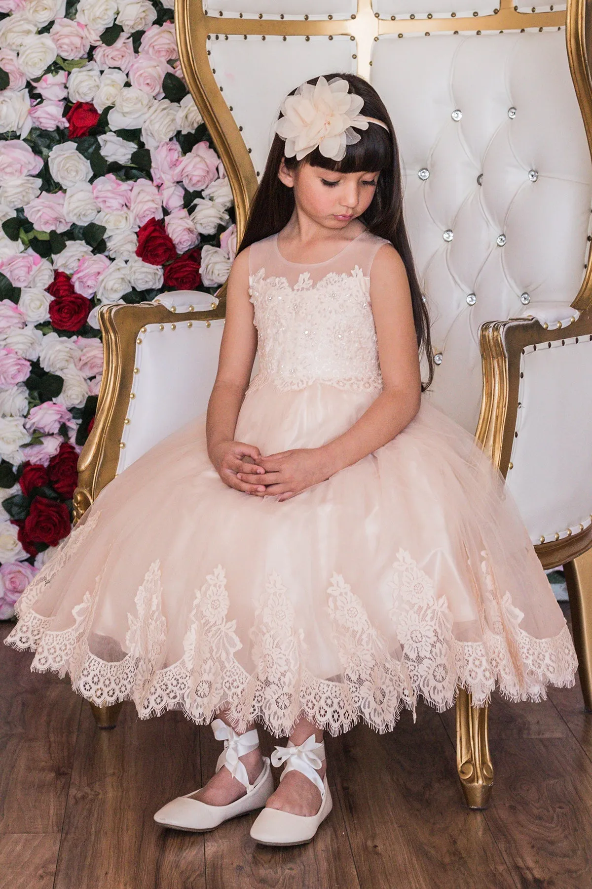 Vintage Rose Lace Appliqué Illusion Bateau Girls Dress with Plus Sizes