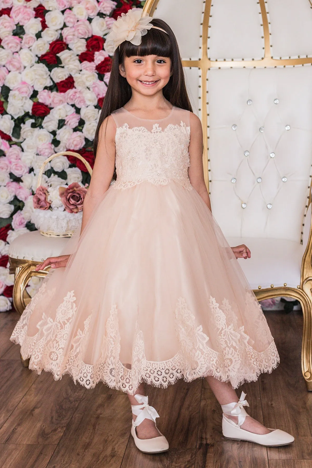 Vintage Rose Lace Appliqué Illusion Bateau Girls Dress with Plus Sizes