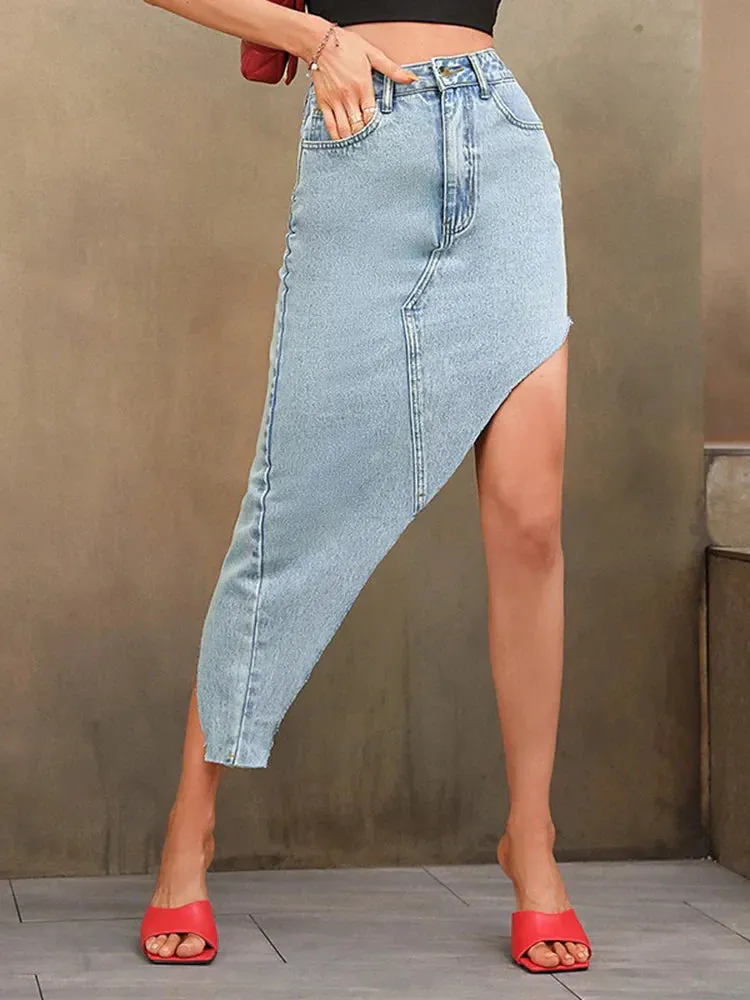 Waist Raw Fashion Denim High Low Hem Summer Asymmetrical High Skirt