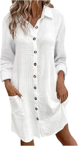 Women Button Down Dress Loose Summer Cotton Linen Dresses Casual Short Sleeve Tunic Dress 2025 Linen Dress Women