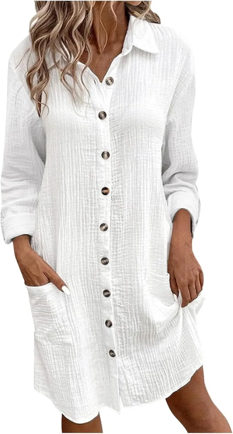 Women Button Down Dress Loose Summer Cotton Linen Dresses Casual Short Sleeve Tunic Dress 2025 Linen Dress Women