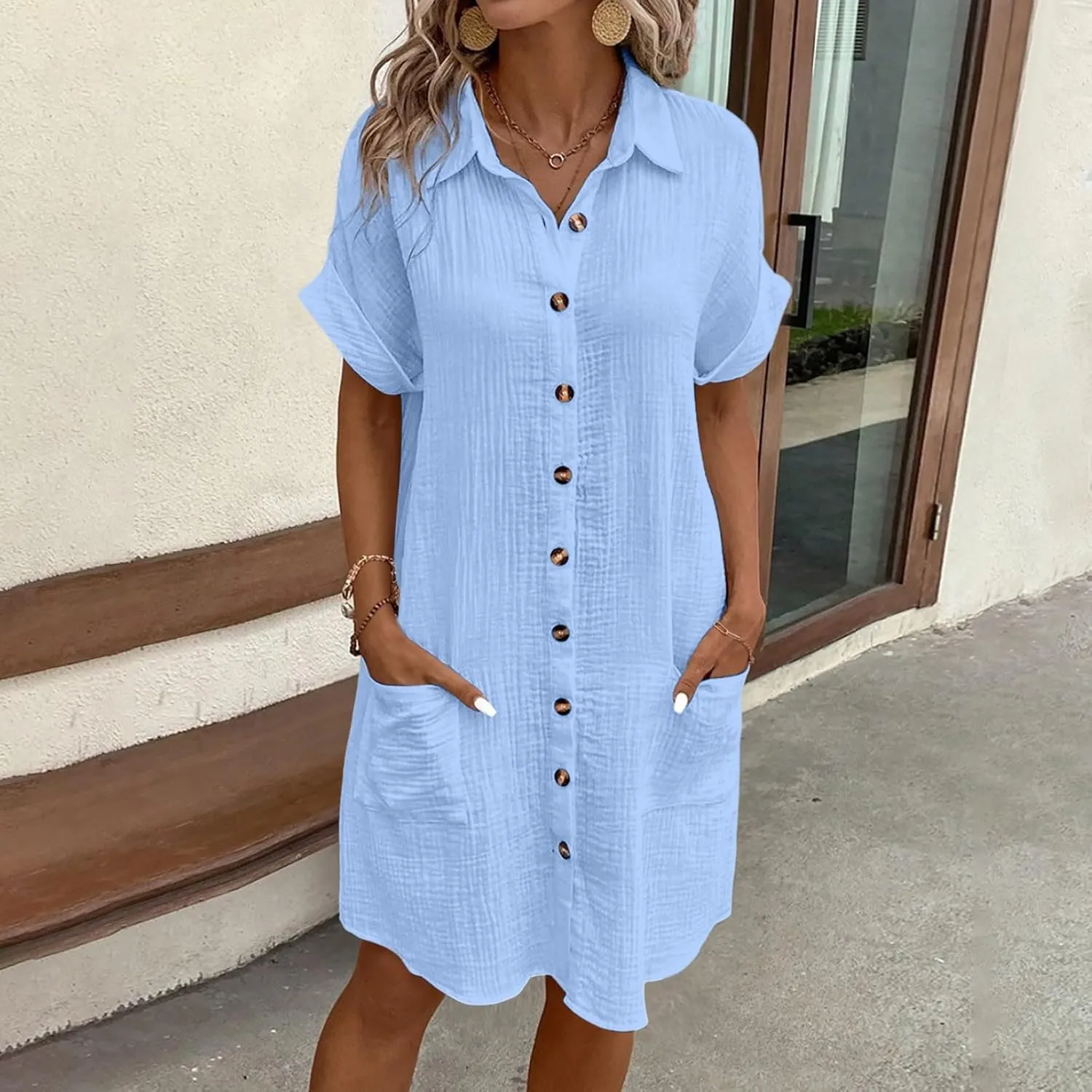 Women Button Down Dress Loose Summer Cotton Linen Dresses Casual Short Sleeve Tunic Dress 2025 Linen Dress Women