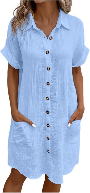 Women Button Down Dress Loose Summer Cotton Linen Dresses Casual Short Sleeve Tunic Dress 2025 Linen Dress Women