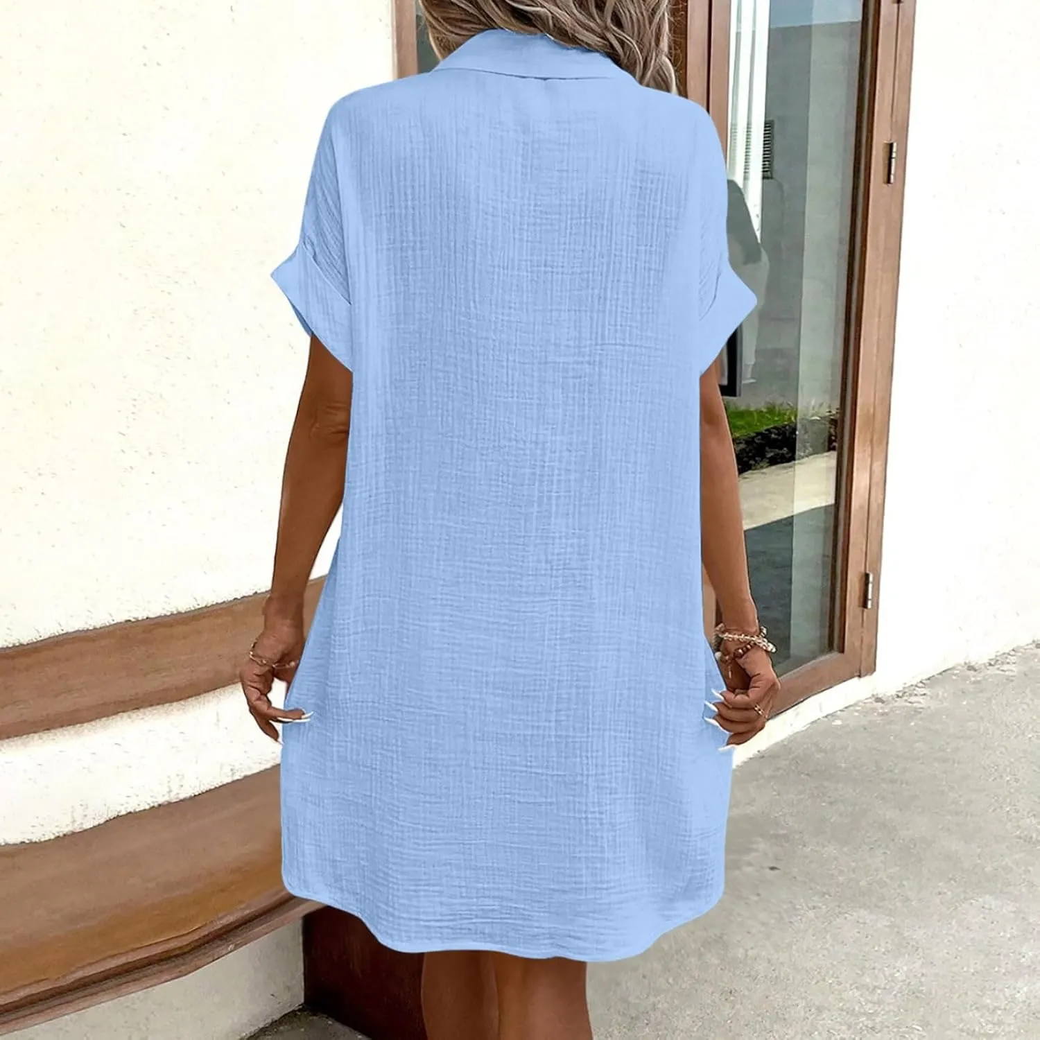 Women Button Down Dress Loose Summer Cotton Linen Dresses Casual Short Sleeve Tunic Dress 2025 Linen Dress Women