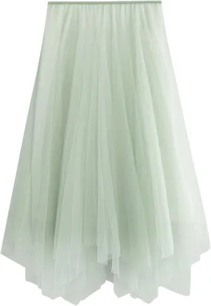 Women Gradient Color High Waist Skirt Summer Irregular Midi Long Tulle A-Line Skirt