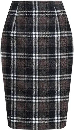 Women Wool Plaid Skirts Knee Length Preppy Clothes Bodycon Checkered Pencil Skirt High Waist Fall Winter Skirts