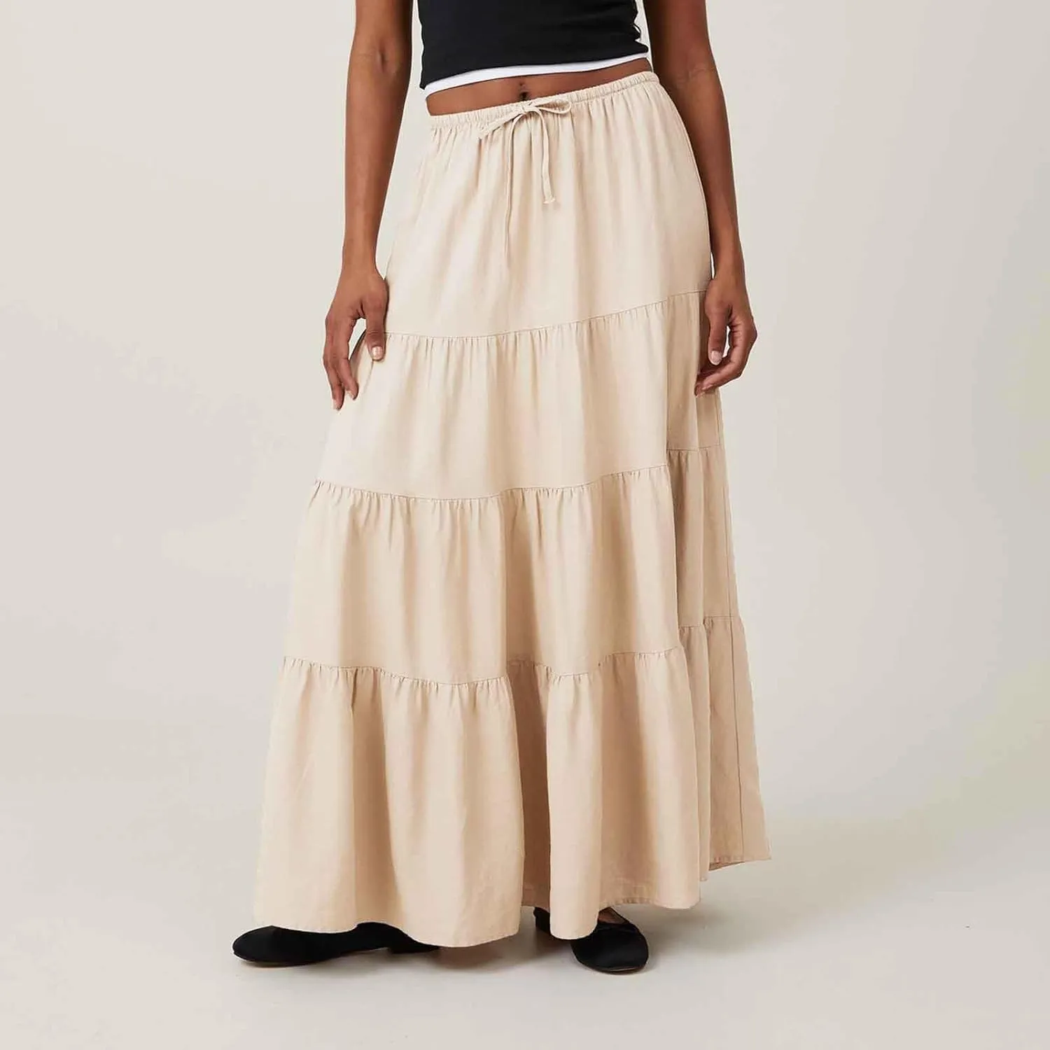 Womens Boho Maxi Skirt Solid Ruffle Swing Elastic High Waisted Pleated Flowy Skirts 2025 Trendy Summer Beach Skorts