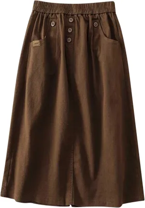 Women's Casual Skirts Elastic Waist Front Button Back Slit A-Line Midi Long Swing Skirt with Pockets Womens Skirts