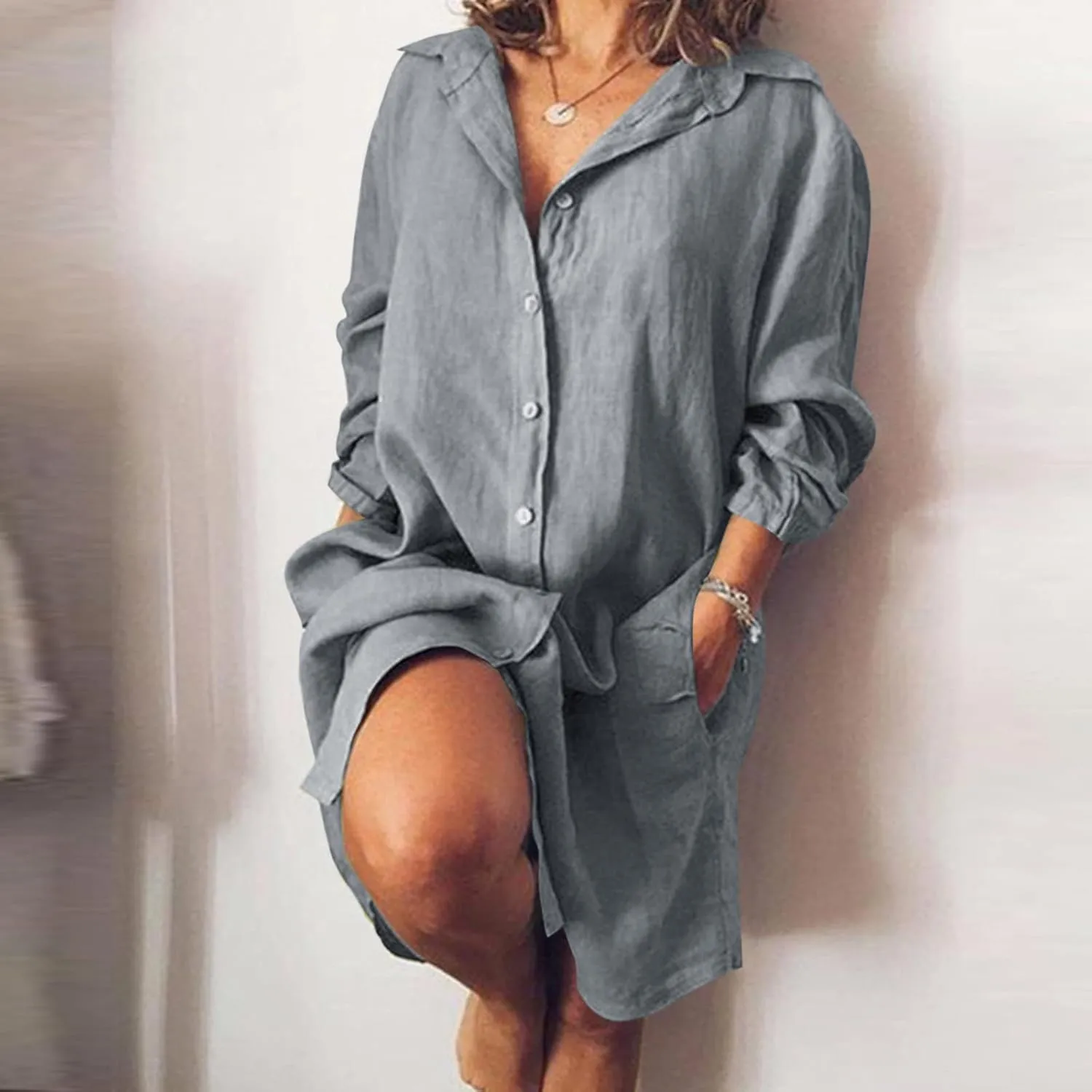 Womens Cotton Linen Midi Dress Summer Solid Color Long Sleeve V-Neck T-Shirt Dresses Plus Size Flowy Beach Dress