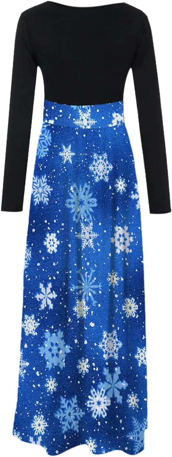 Women's Dresses Christmas Printed Long Sleeve Round Neck Long Maxi Dress Casual Fashion High Waist Jumper Dress