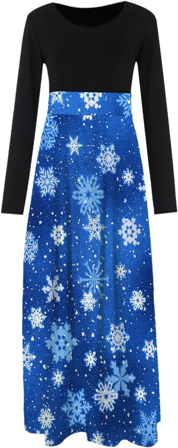 Women's Dresses Christmas Printed Long Sleeve Round Neck Long Maxi Dress Casual Fashion High Waist Jumper Dress