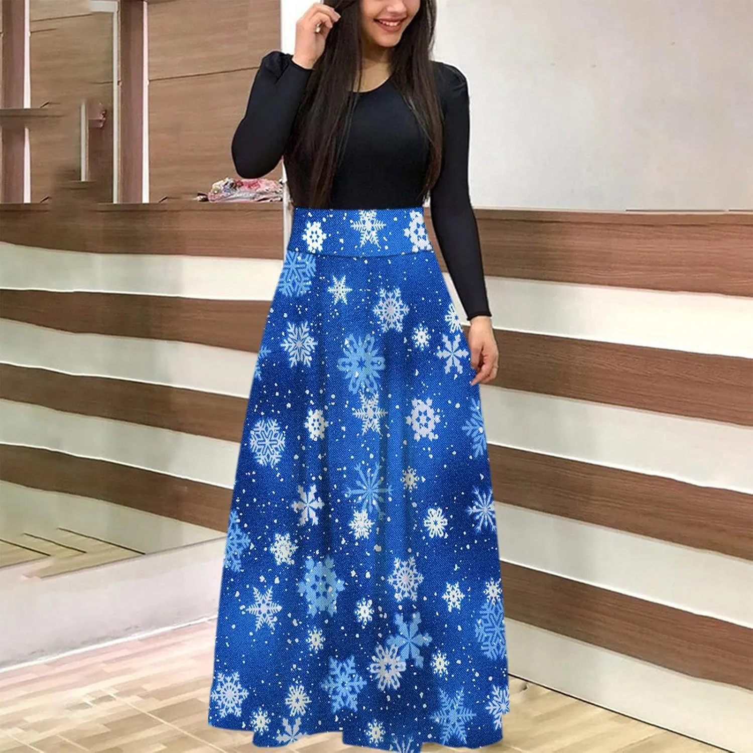 Women's Dresses Christmas Printed Long Sleeve Round Neck Long Maxi Dress Casual Fashion High Waist Jumper Dress