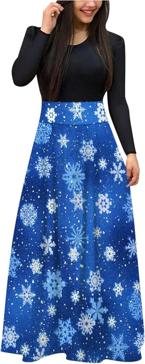 Women's Dresses Christmas Printed Long Sleeve Round Neck Long Maxi Dress Casual Fashion High Waist Jumper Dress