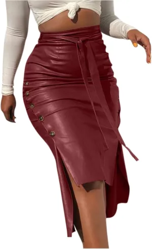 Women's Leather Pencil Skirt High Waist Split Ladies Midi Skirt Knee Length High Waisted Long Slit Slim Pencil Skirts Wine
