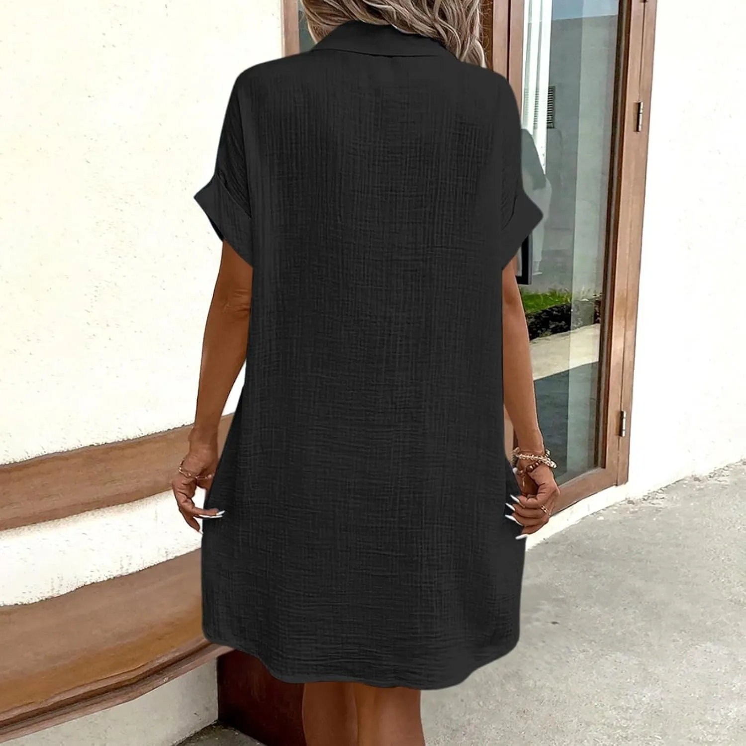 Women's Summer Dresses 2025 Cap Sleeves Button Down Solid Oversized Short Dress Tshirt Mini Dress with Pockets