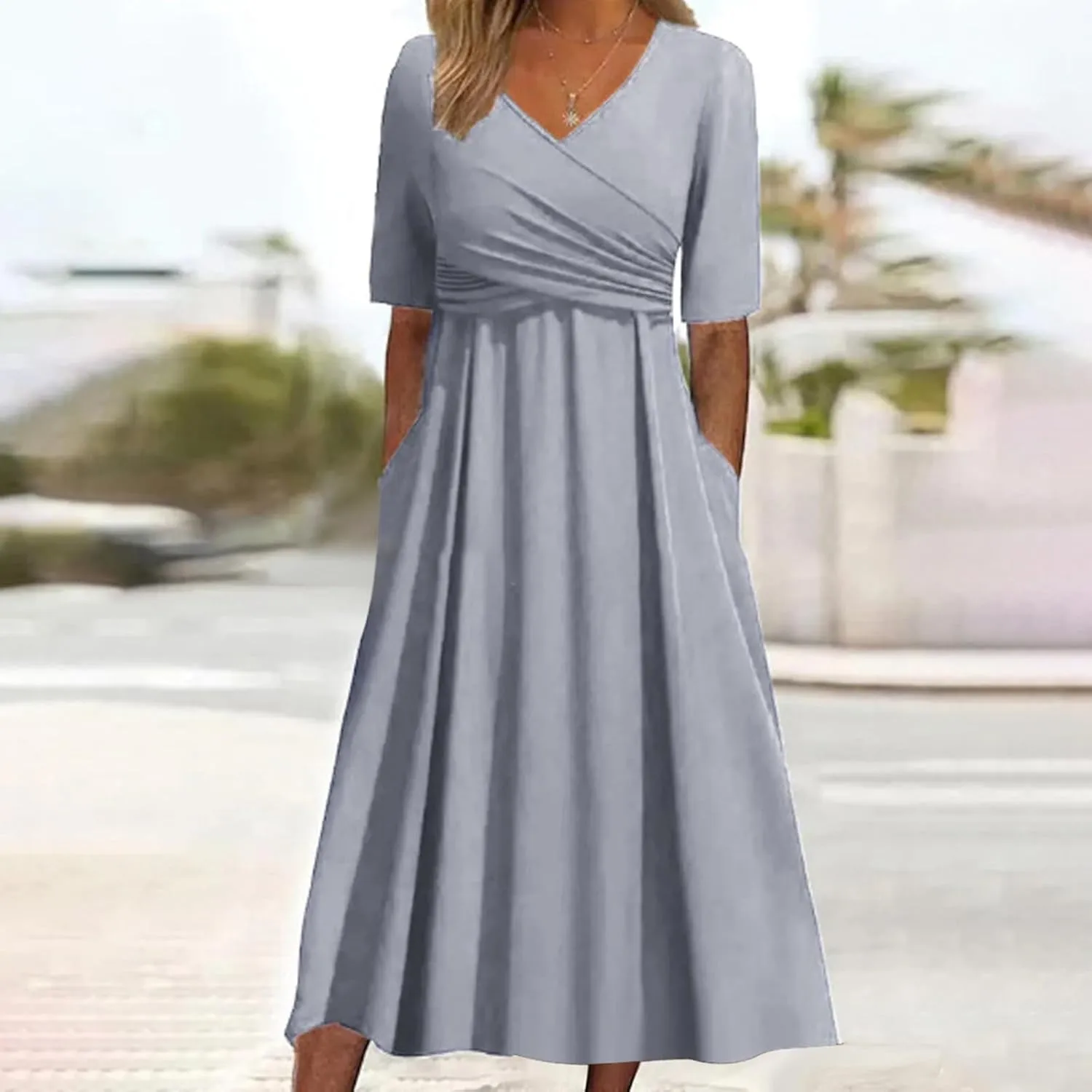 Women's Summer Floral Boho Dress V Neck Short Sleeve Ruffle A-Line Flowy Maxi Wedding Guest Dresses