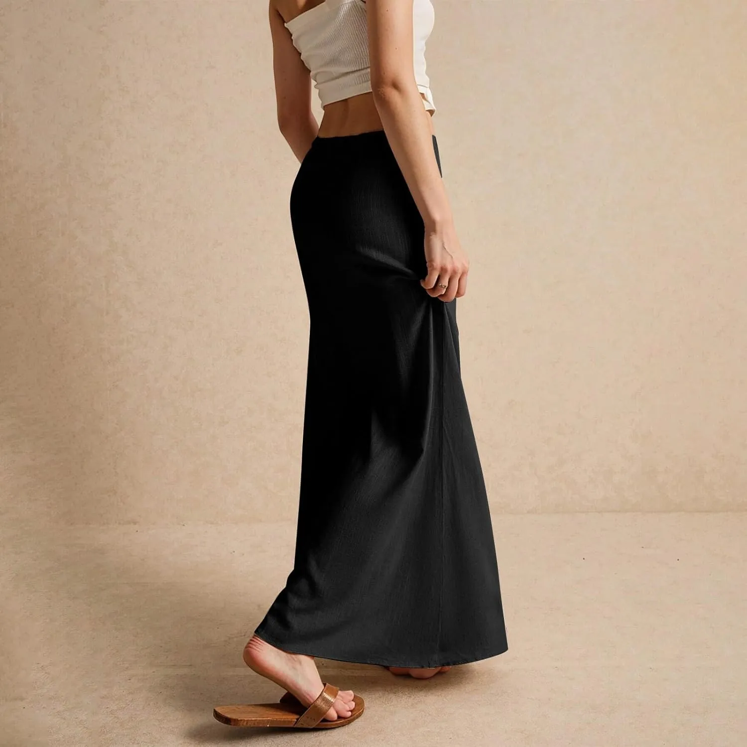Womens Summer Flowy Linen A-Line Maxi Skirt 2025 Fashion Elastic Waist Pleated Long Beach Skirt