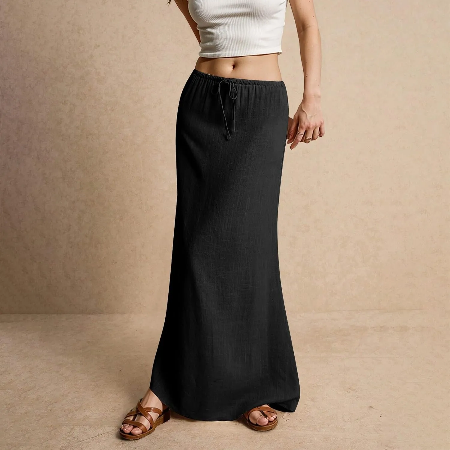 Womens Summer Flowy Linen A-Line Maxi Skirt 2025 Fashion Elastic Waist Pleated Long Beach Skirt
