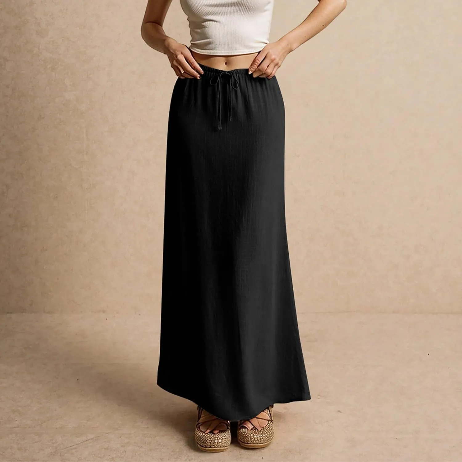 Womens Summer Flowy Linen A-Line Maxi Skirt 2025 Fashion Elastic Waist Pleated Long Beach Skirt