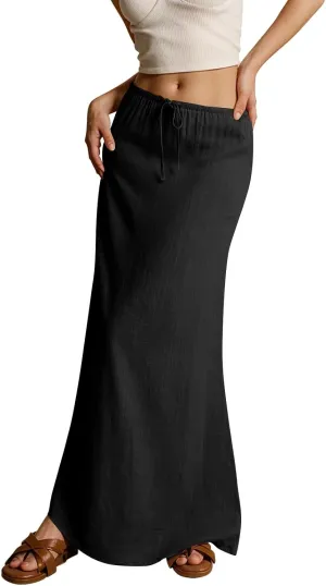 Womens Summer Flowy Linen A-Line Maxi Skirt 2025 Fashion Elastic Waist Pleated Long Beach Skirt