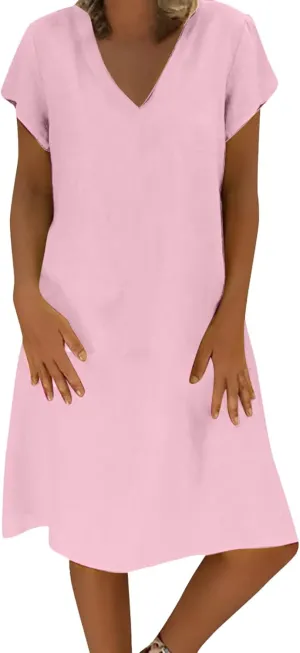 Women's Summer Solid Tshirt Dresses Short Sleeve 2025 Beach Sun Dresses Trendy V Neck T Shirt Dress Bridesmaid Spring