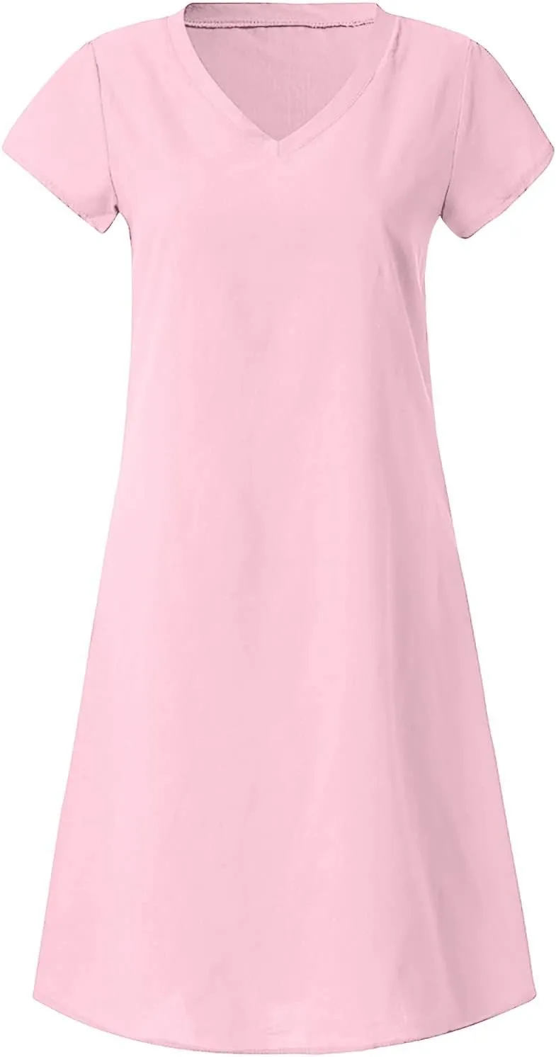 Women's Summer Solid Tshirt Dresses Short Sleeve 2025 Beach Sun Dresses Trendy V Neck T Shirt Dress Bridesmaid Spring