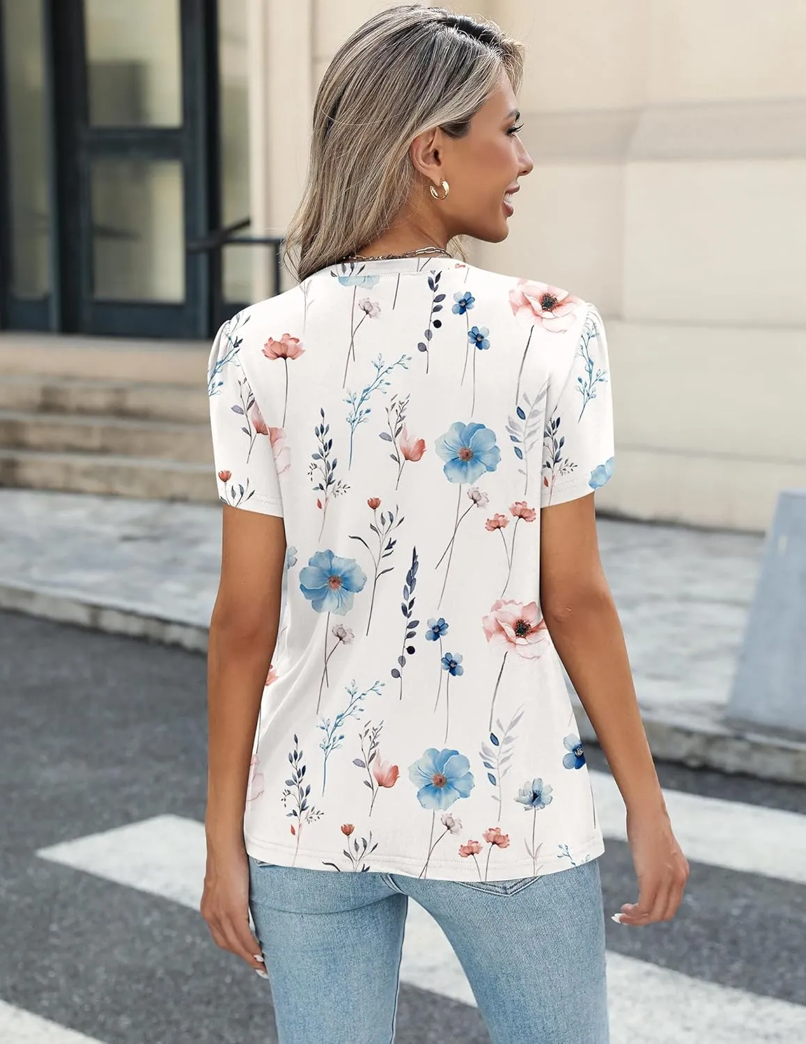 Zeagoo Womens Tops Petal Short Sleeve Summer Casual Dressy Shirts Floral Solid Blouse Pleated Tunics S-XXL