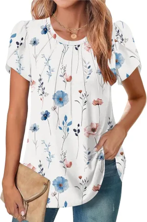 Zeagoo Womens Tops Petal Short Sleeve Summer Casual Dressy Shirts Floral Solid Blouse Pleated Tunics S-XXL