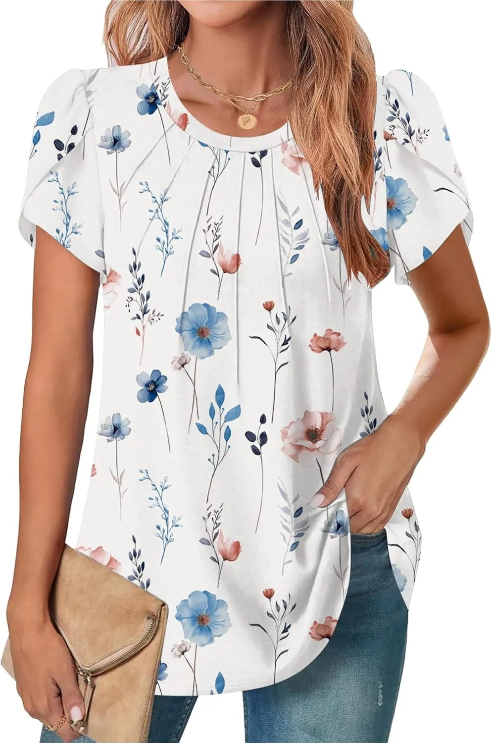 Zeagoo Womens Tops Petal Short Sleeve Summer Casual Dressy Shirts Floral Solid Blouse Pleated Tunics S-XXL